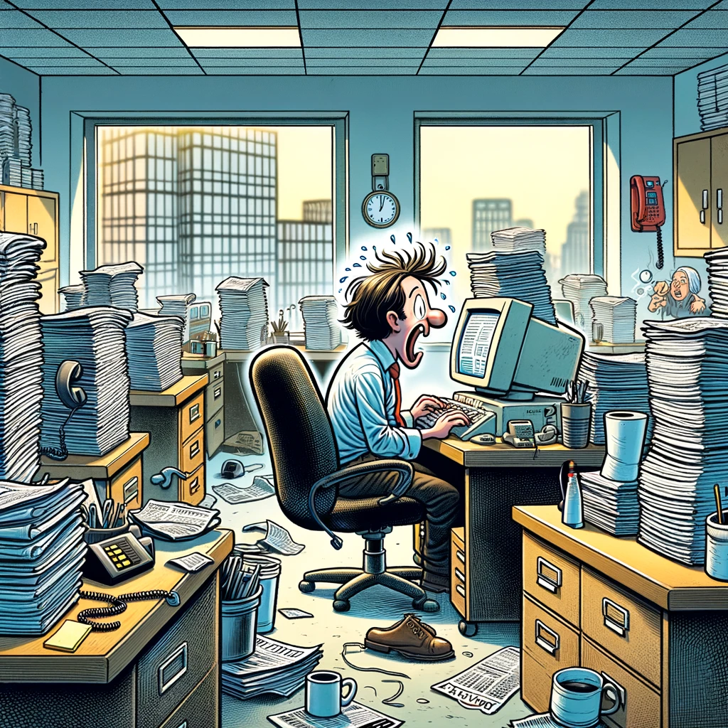 DALL·E 2024 01 02 10.01.48 A cartoon depicting a stressed newspaper reporter in a small office with fewer desks. The scene shows the reporter sitting at a cluttered desk in fron