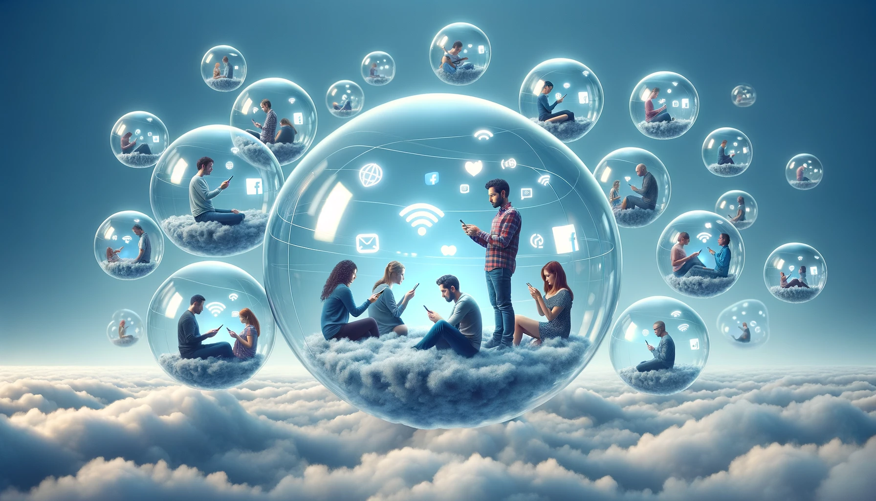 DALL·E 2024 01 03 19.01.58 A simpler photorealistic image depicting people caught in social media filter bubbles. The scene shows individuals each enclosed in clear semi transp