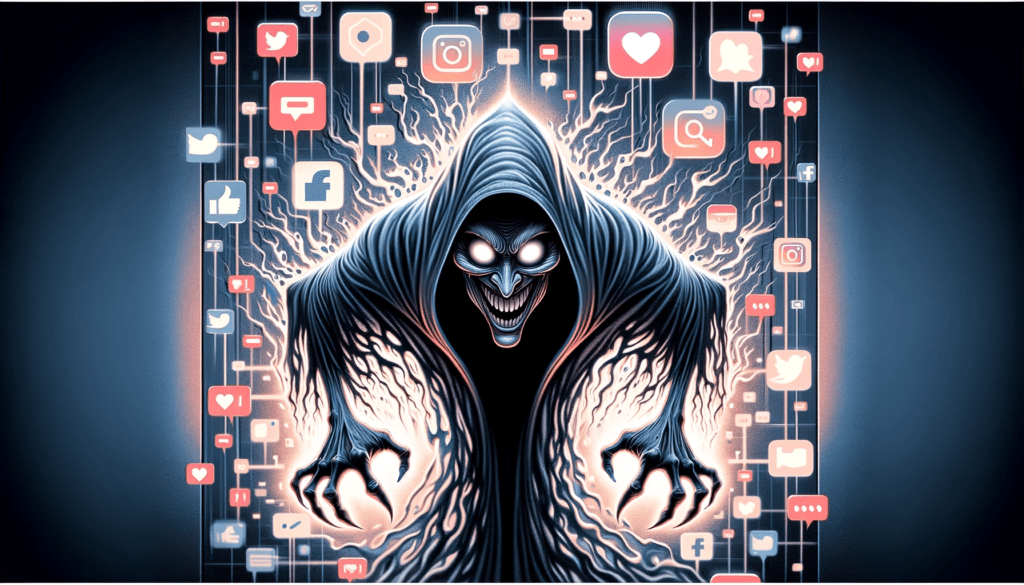 DALL·E 2024 01 03 22.17.25 A cartoon of a dark evil spirit in the realm of social media trying to lure users to the dark side. The spirit is depicted as a shadowy ethereal fi