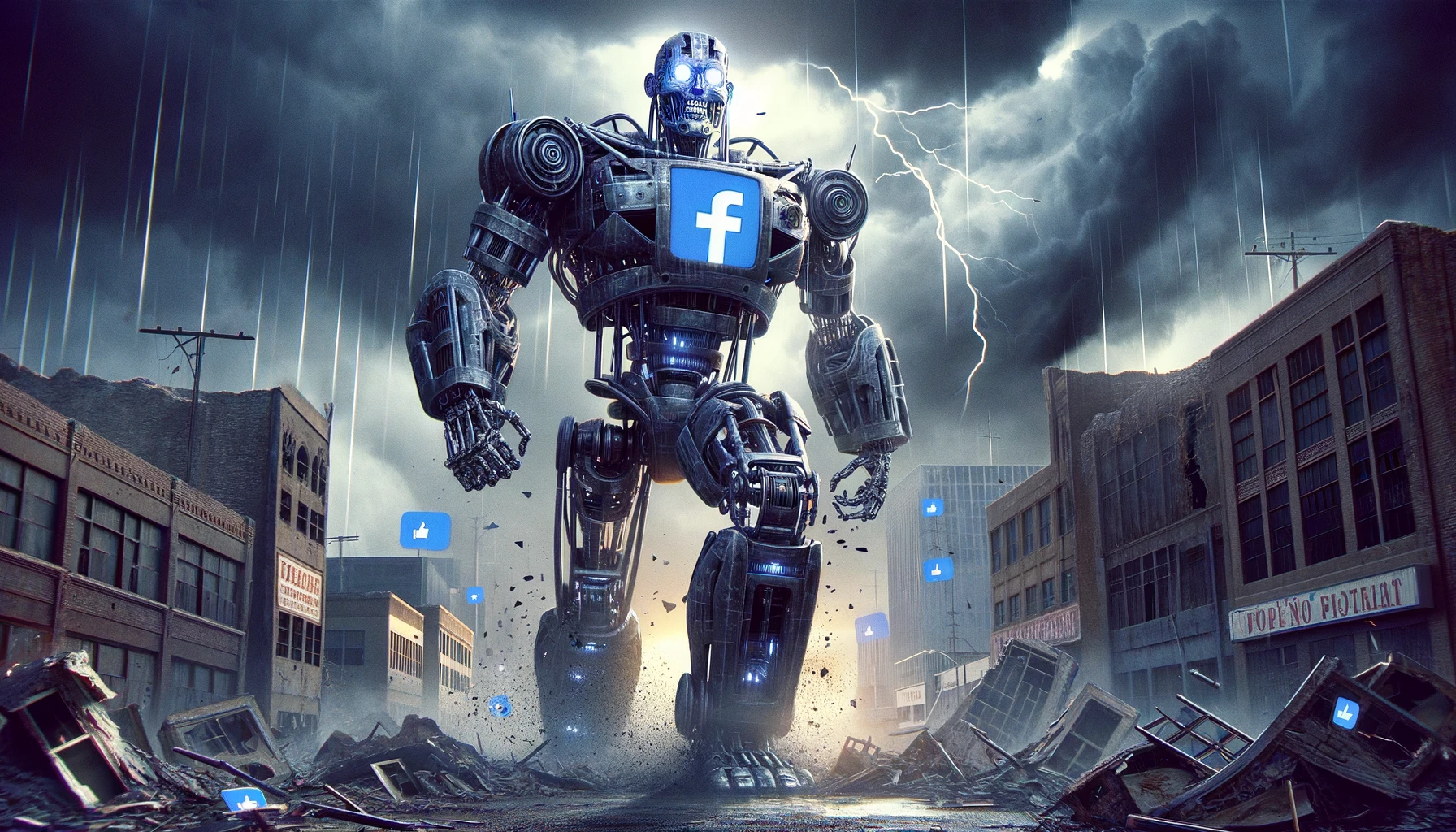 DALL·E 2024 03 01 14.03.50 Enhance the previous image to depict an even more monstrous and menacing robotic figure inspired by social media platforms like Facebook in a 16 9 a